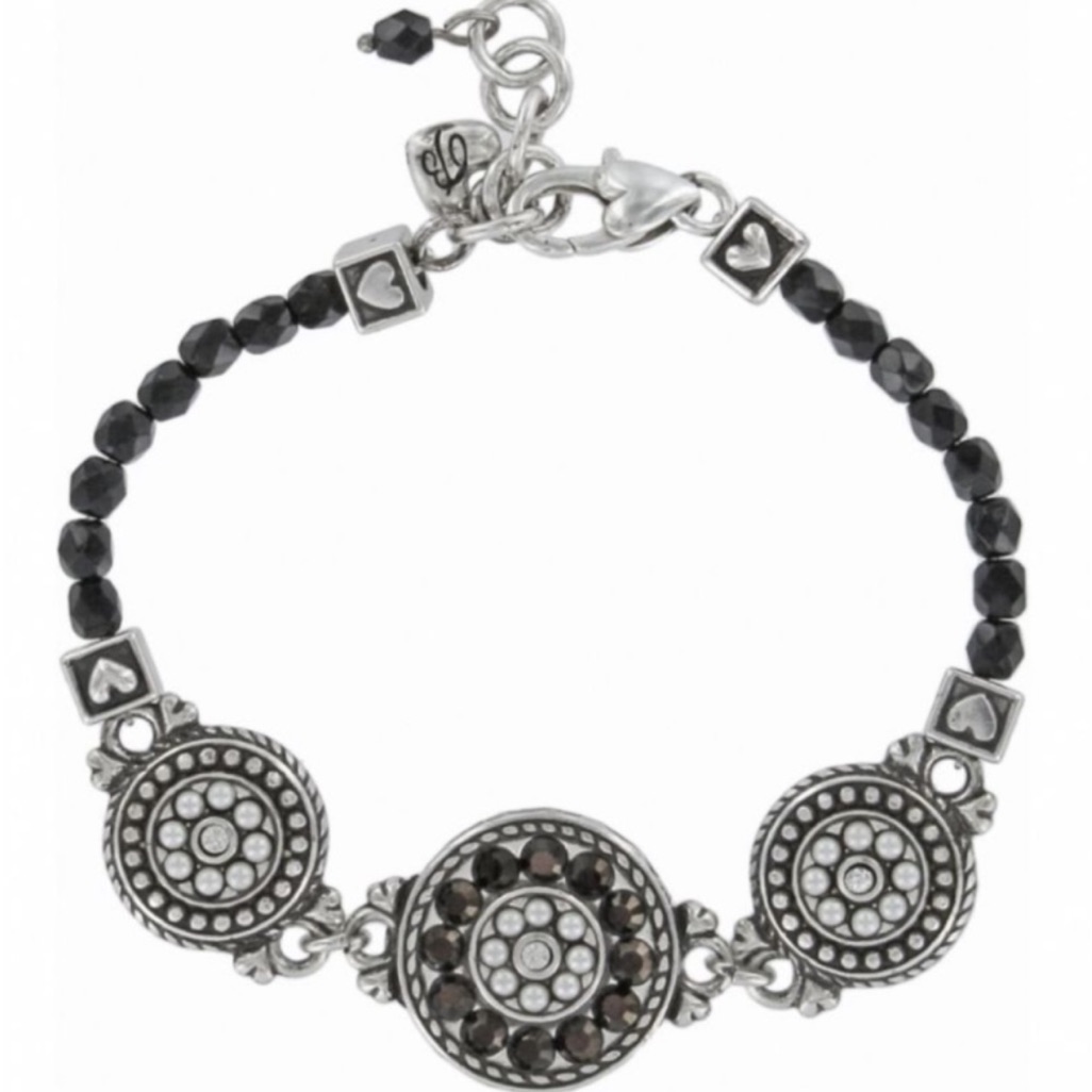 Brighton 1910 Jet Reversible Silver Black Crystal Floral Beaded Leather Bracelet